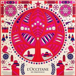 Colorful geometric illustration by Steven Wilson featuring a large central tree design in red, pink, and dark blue.
