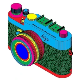 Colorful isometric vector illustration of a vintage Leica camera with bright blue, red, pink, and green textured body.
