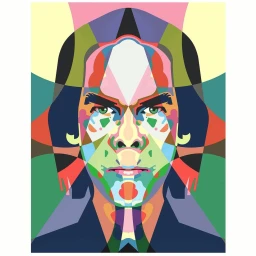 Colorful geometric portrait illustration by Steven Wilson featuring fragmented color planes and sharp vector lines forming a man's face