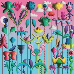 Surreal digital illustration of colorful fantastical plants and floating eyes on long thin stems against a pink and blue gradient background
