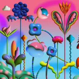 Surreal digital illustration by Steven Wilson featuring colorful stylized flowers with glossy textures against a gradient sky.