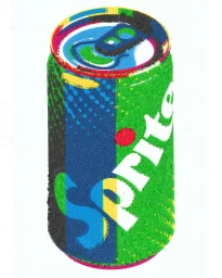 Screen printed illustration of a green Sprite soda can with halftone dot texture and bold primary color accents on a white background.