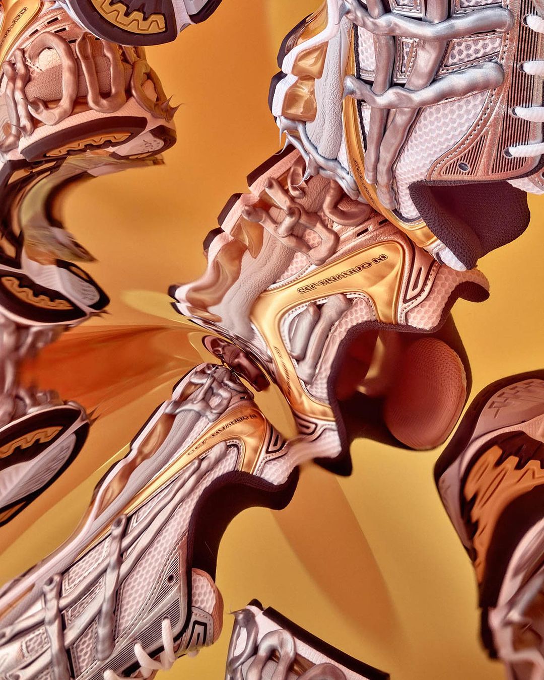 Close-up of warped running shoes in gold and white with white laces, set against a gold background featuring a distorted visual effect.