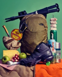 A still life arrangement featuring outdoor gear, hiking backpack, trekking poles, and food on a bright green and orange backdrop