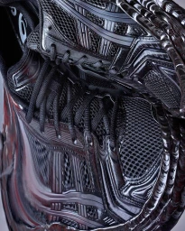 Close-up product photography of black athletic sneakers featuring mesh panels and glossy synthetic overlays.
