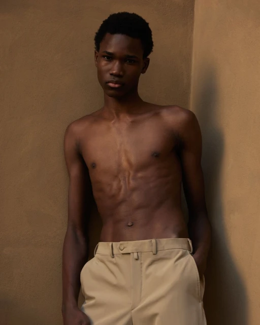 Portrait of a shirtless African-American man indoors against a neutral wall, wearing khaki pants and hands in pockets, casual fashion.