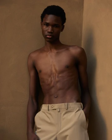 Portrait of a shirtless African-American man indoors against a neutral wall, wearing khaki pants and hands in pockets, casual fashion.