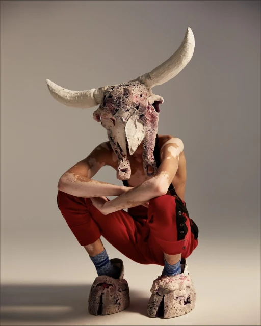 Adult human crouches in a bull skull mask, wearing red pants and oversized hoof shoes in front of a studio backdrop.
