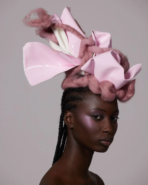 Striking portrait of a Black woman with elaborate pink and white headpiece, braids, and iridescent makeup against a neutral background.