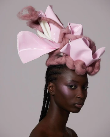 Striking portrait of a Black woman with elaborate pink and white headpiece, braids, and iridescent makeup against a neutral background.