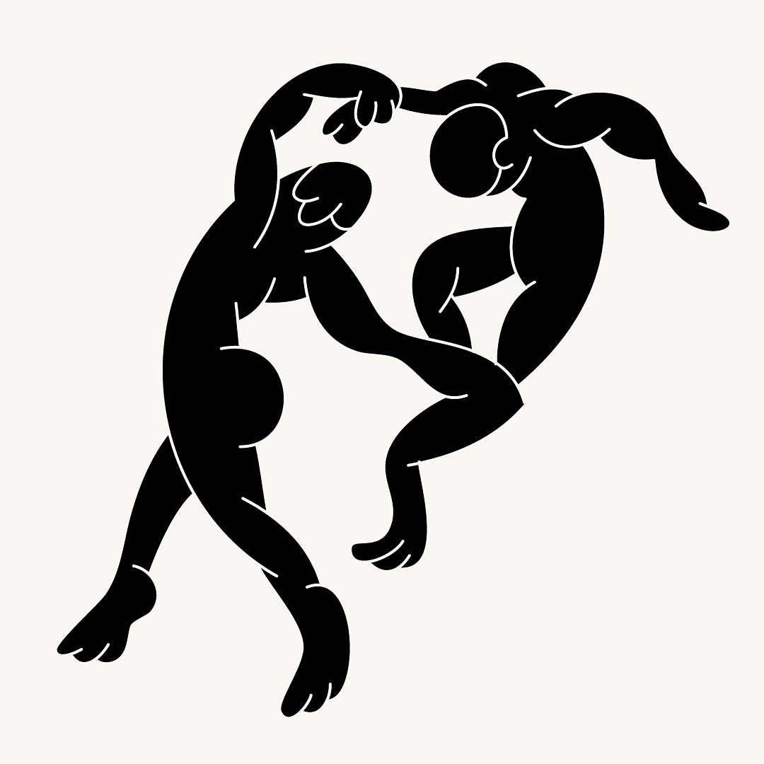 Stylized vector art featuring two black silhouettes of nude figures in dynamic poses against a cream background. Abstract, modern art.