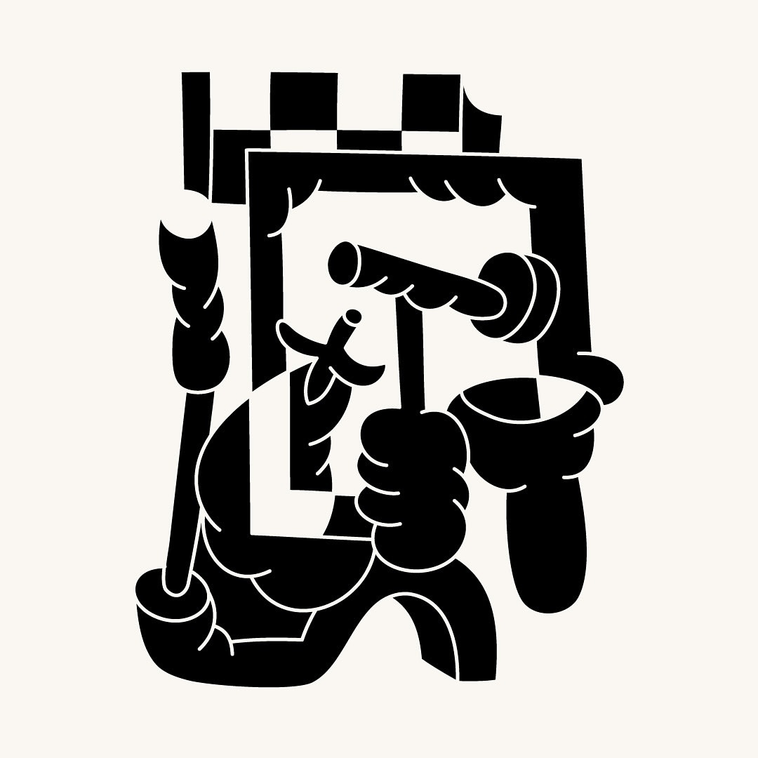 Bold graphic art illustration of a chess rook, sword, hand, and abstract shapes, all in solid black against a cream background.