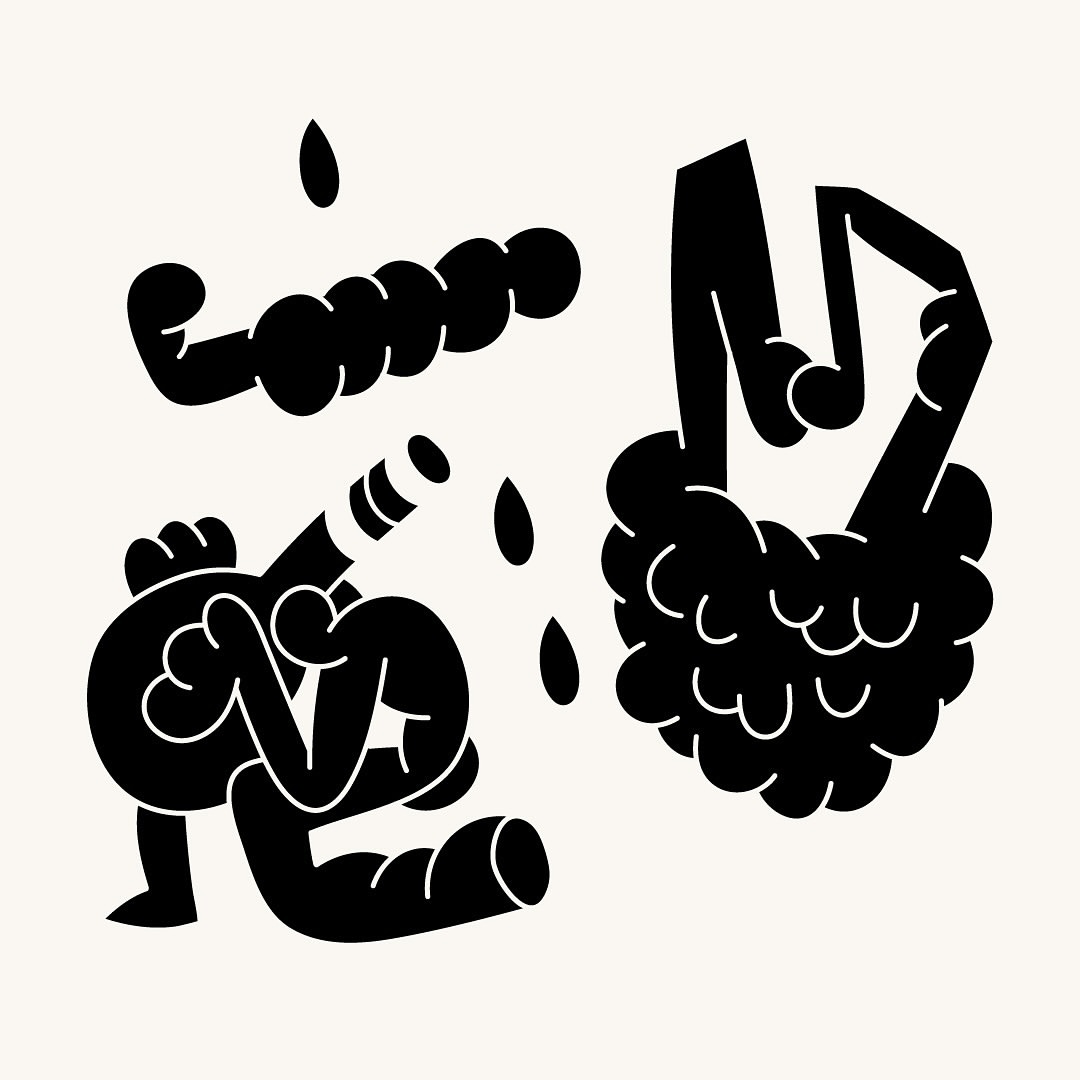 Abstract graphic art illustration with black shapes depicting figures, hands, and drips on an off-white background, unique design.