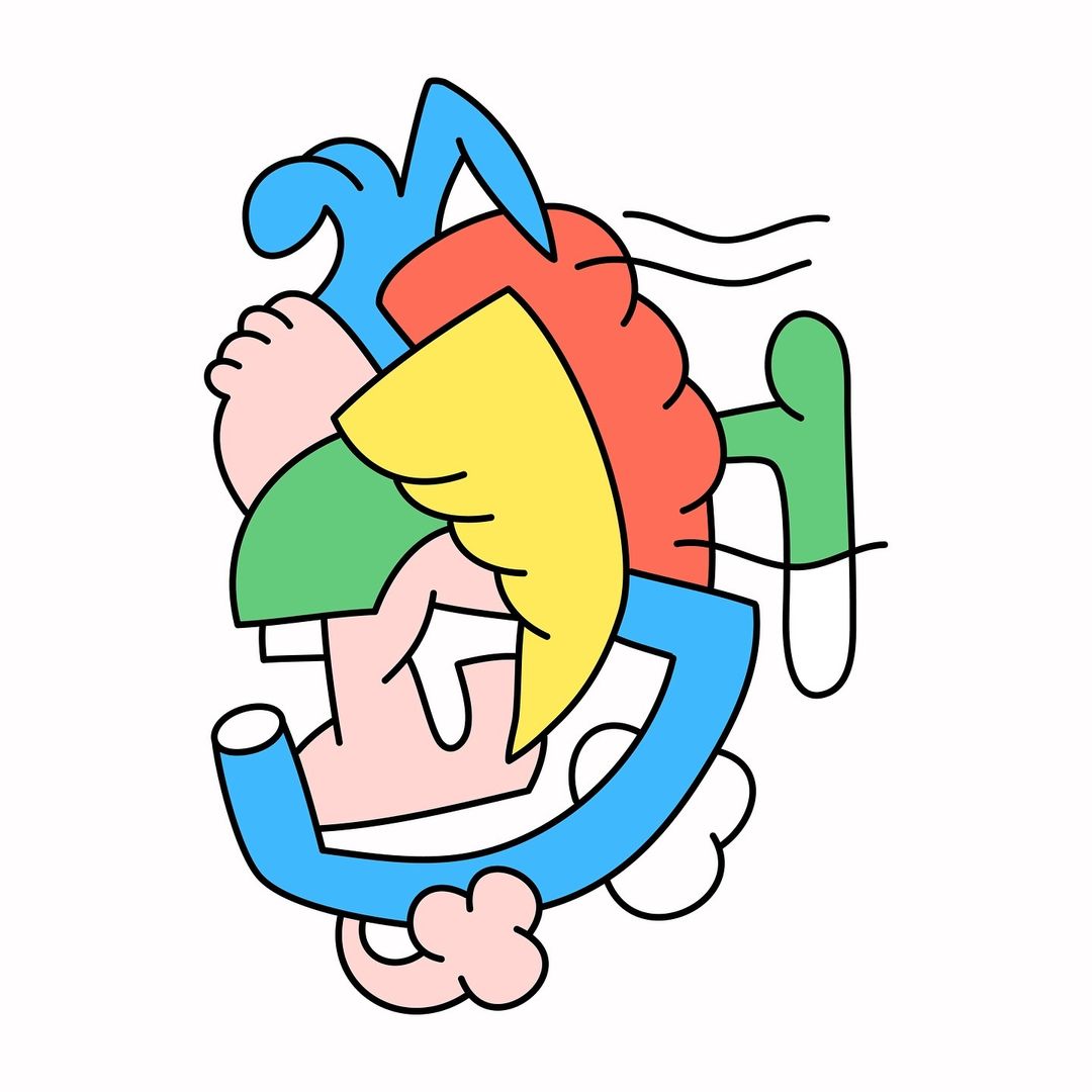 Abstract cartoon character artwork features a whimsical design with pastel colors and thick black outlines on a clean white background.