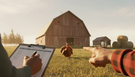 A CGI turkey standing in a grassy field in front of a red barn, pointed at by a farmer holding a clipboard.