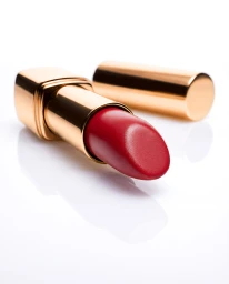 Close-up product shot of a red lipstick in a gold case with its matching cap resting on a white surface.