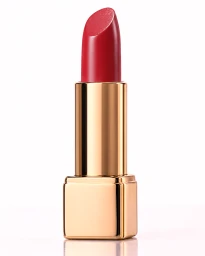 Close-up of a red lipstick in a polished gold metallic rectangular case against a clean white background.