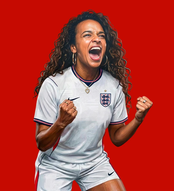 Smiling woman in a white soccer jersey with curly hair shouting with fists raised against a solid red background