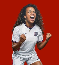Smiling woman in a white soccer jersey with curly hair shouting with fists raised against a solid red background