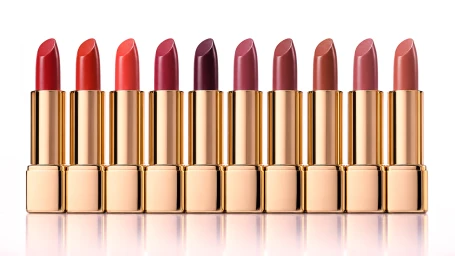 Ten different shades of lipstick in shiny gold metal cases arranged in a neat horizontal line against a bright white background.
