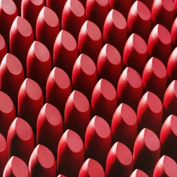 An array of red lipstick bullets arranged in a precise geometric grid pattern with sharp highlights.