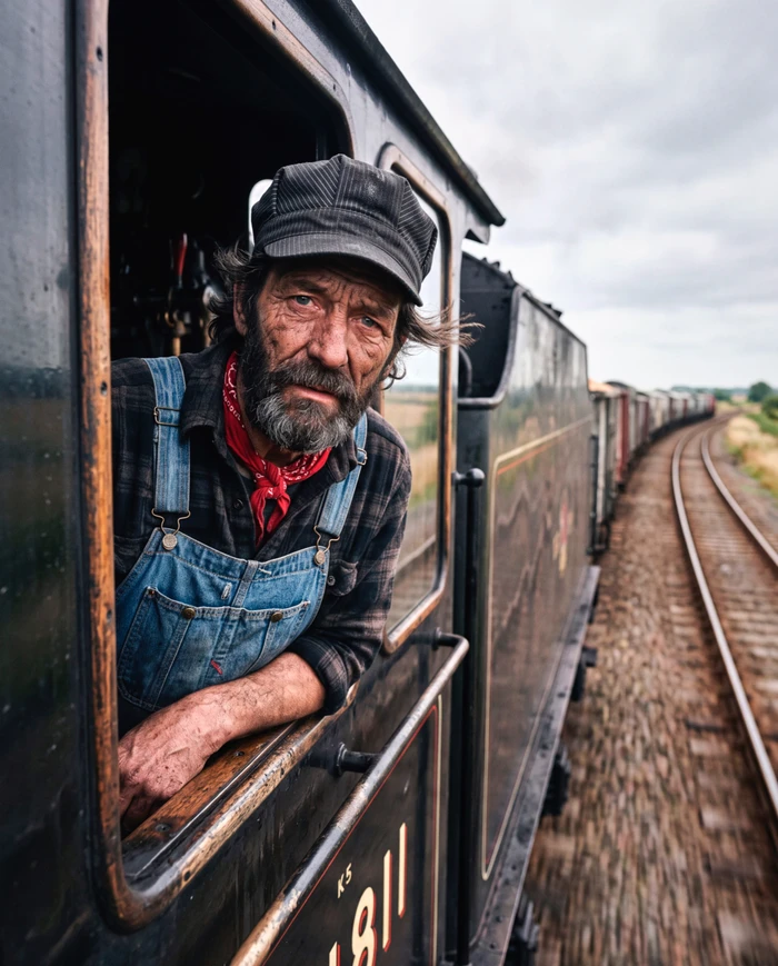 An older man in denim overalls and a cap leans out the window of a historic train as it travels along tracks.