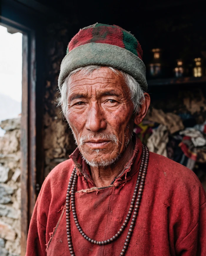 Portrait of an elderly man wearing a red tunic, beaded necklace, and a patterned cap in an interior setting