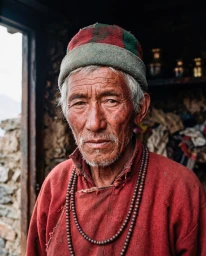 Portrait of an elderly man wearing a red tunic, beaded necklace, and a patterned cap in an interior setting