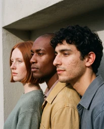 Three young adults standing in profile together against a concrete wall outdoors in natural sunlight