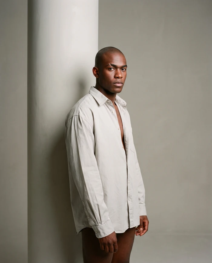 Black man with a shaved head wearing an oversized light grey buttoned shirt standing beside a large white pillar