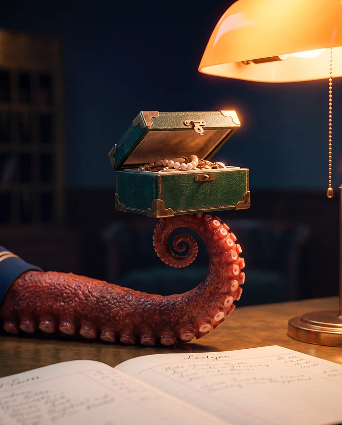 An octopus tentacle holding a small green treasure box filled with pearls beneath an amber desk lamp on a wooden table.