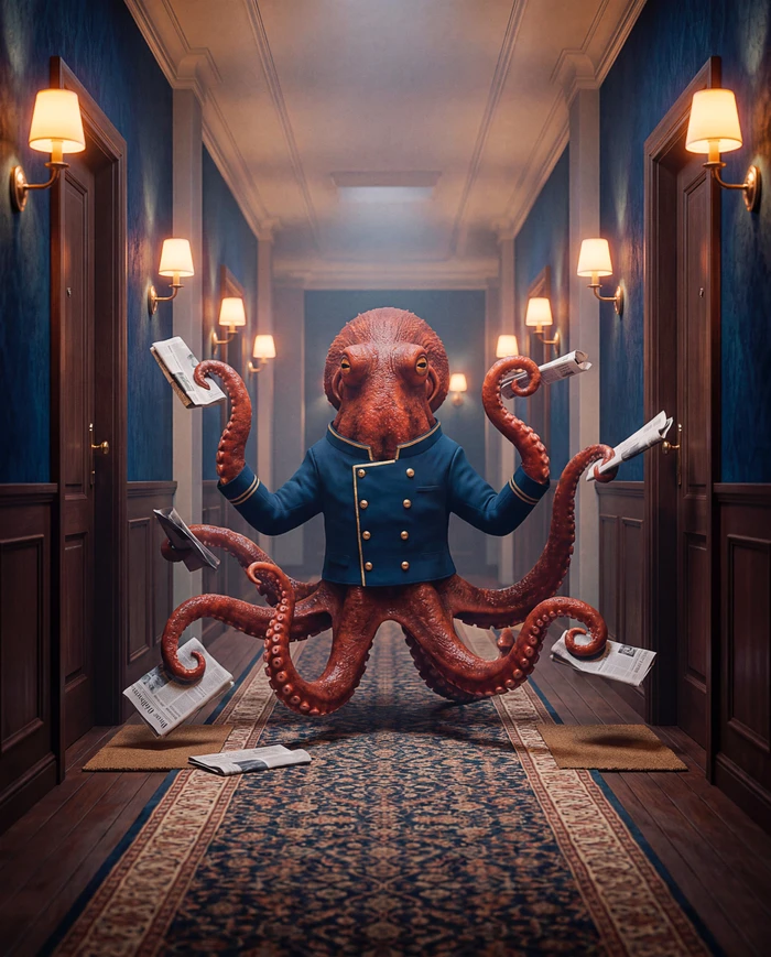 An anthropomorphic octopus wearing a blue jacket holding newspapers in a hotel hallway by Preston Chaplin
