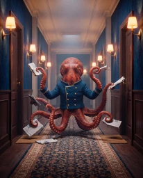 An anthropomorphic octopus wearing a blue jacket holding newspapers in a hotel hallway by Preston Chaplin