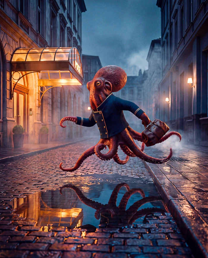 An anthropomorphic red octopus wearing a dark blue bellhop jacket carrying a brown leather bag leaps across a wet cobblestone city street.