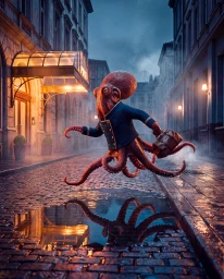 An anthropomorphic red octopus wearing a dark blue bellhop jacket carrying a brown leather bag leaps across a wet cobblestone city street.