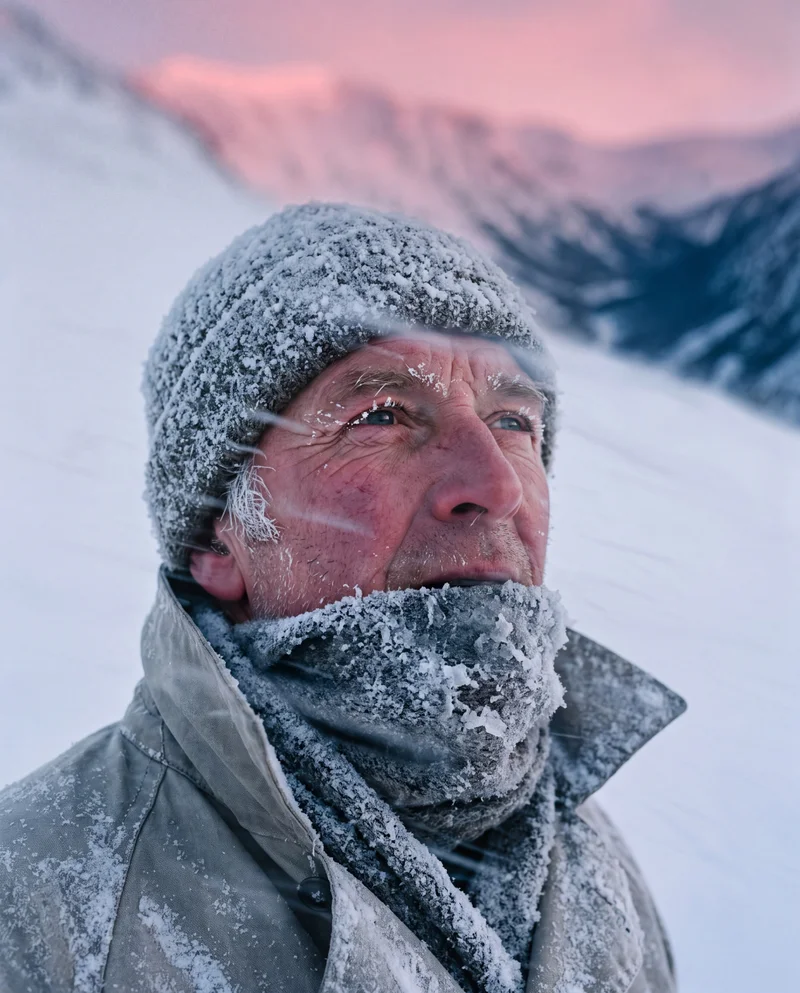 Close-up portrait of an elderly man with frost on his woolen beanie, scarf, and jacket against a snowy mountain landscape