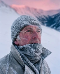 Close-up portrait of an elderly man with frost on his woolen beanie, scarf, and jacket against a snowy mountain landscape