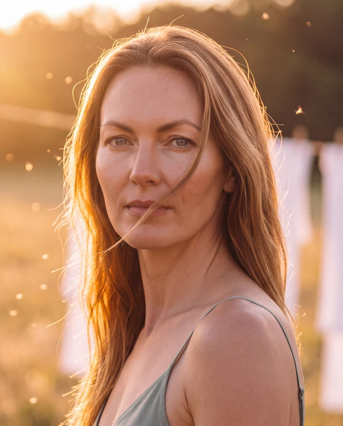 Close-up portrait of a woman with long red hair wearing a sage green strap top against a sunlit meadow background