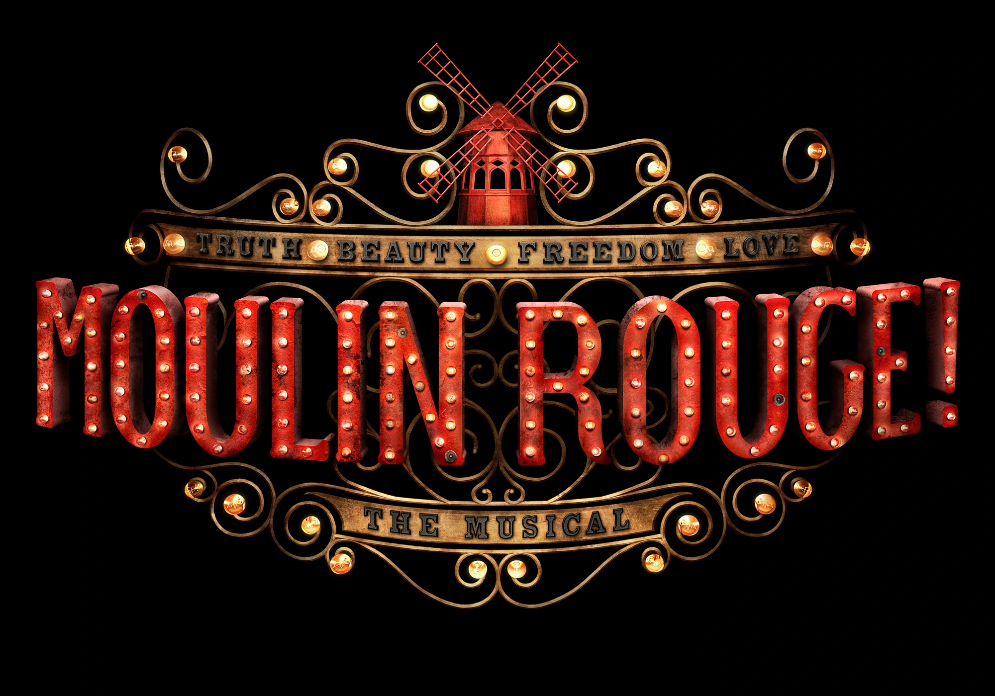 Illuminated Moulin Rouge logo with red marquee letters and a small red windmill against a solid black background.