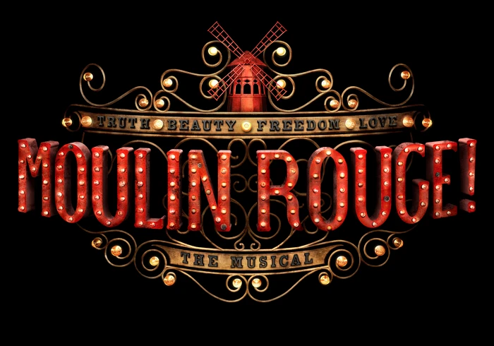 Illuminated Moulin Rouge logo with red marquee letters and a small red windmill against a solid black background.