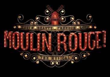 Illuminated Moulin Rouge logo with red marquee letters and a small red windmill against a solid black background.