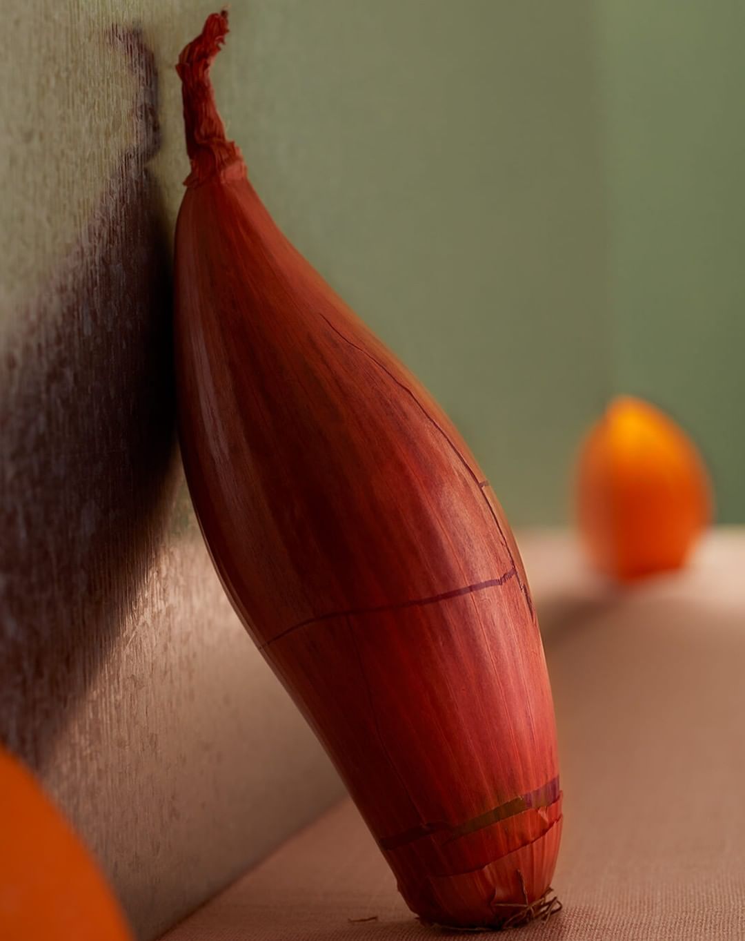 Close-up studio shot of a red shallot leaning against a wall, an orange-toned object blurred in the background creating depth.