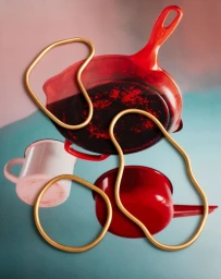 Red cast iron skillet, red pot, pink mug, and winding gold wire arranged on a gradient background