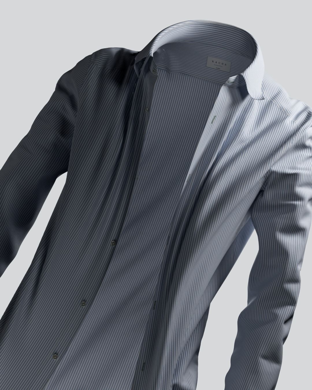 Close-up of a long-sleeved pinstripe dress shirt floating against a plain grey background