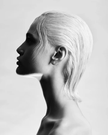 Profile portrait of a woman with slicked-back platinum blonde hair in monochrome lighting against a seamless background
