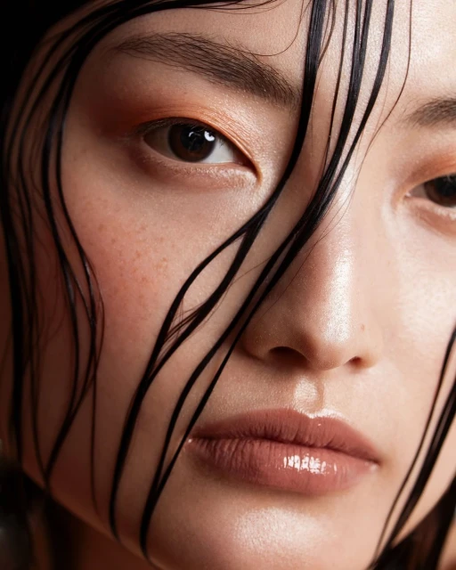 Close-up portrait of an Asian adult female with wet dark hair framing her face and glossy nude makeup, set against a dark background.