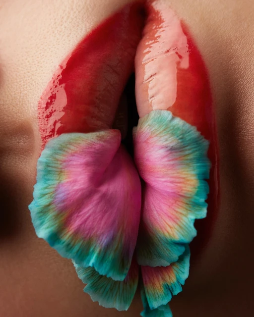 Close-up of woman's face with bright glossy red lipstick on lips with flower petal accents in shades of pink, turquoise, and yellow.