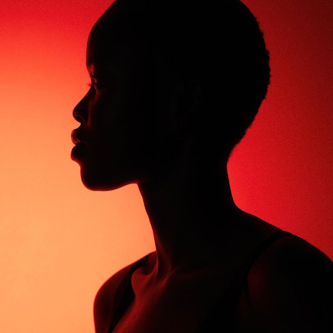 Profile of a silhouetted Black woman against a vibrant red background, emphasizing her features and the play of light and shadow.
