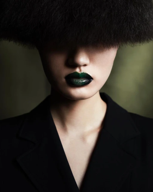 Asian female fashion portrait with oversized dark afro, wearing a black jacket with strong green glossy lipstick against a blurred background.