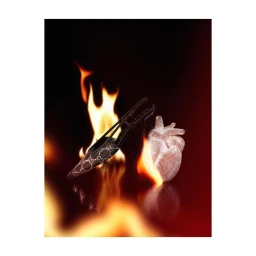 Designer high-heel slingback shoe and crystal-embellished anatomical heart sculpture surrounded by roaring flames.